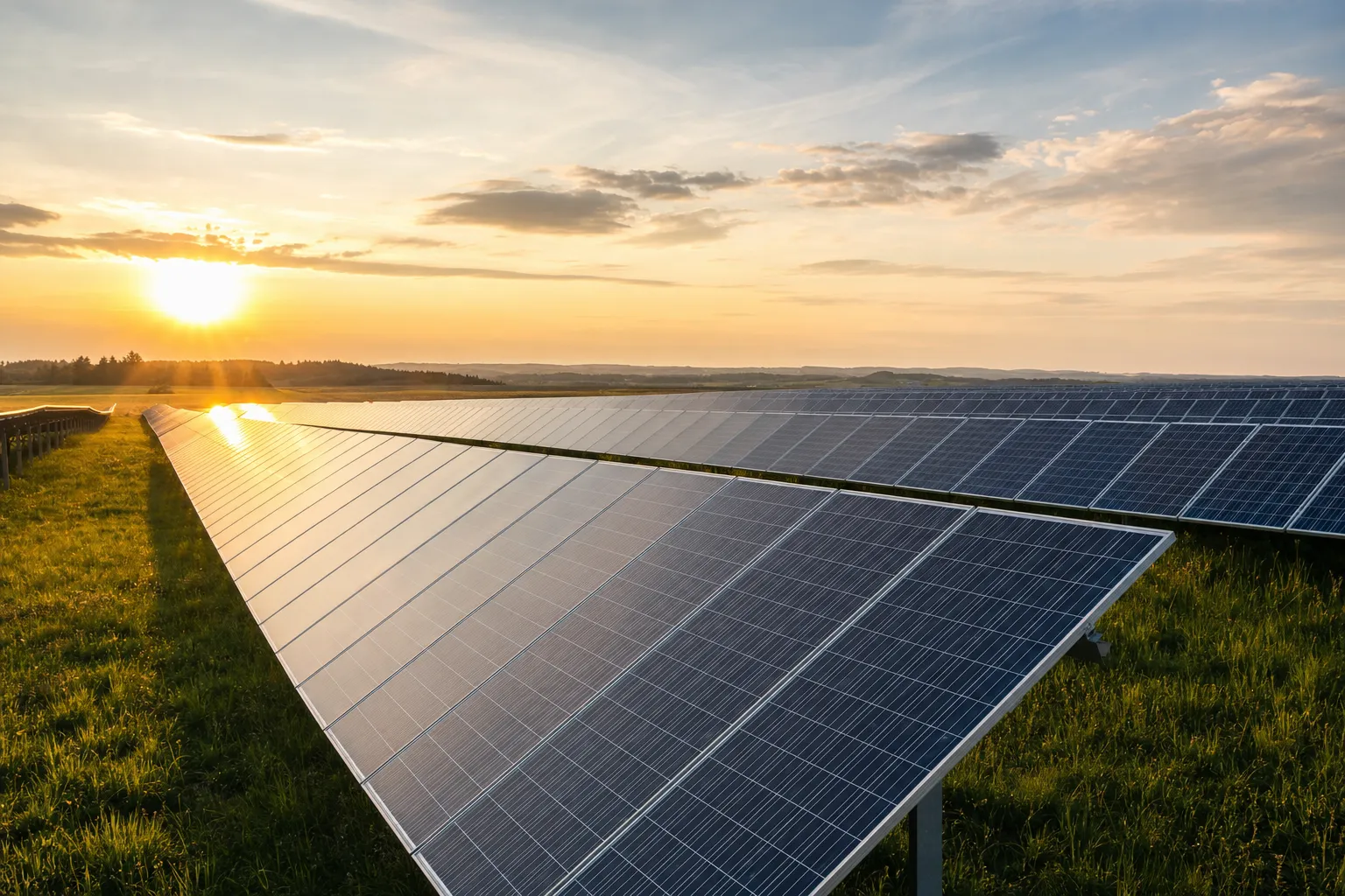Freiflächen-Photovoltaikanlage bei Abendlicht