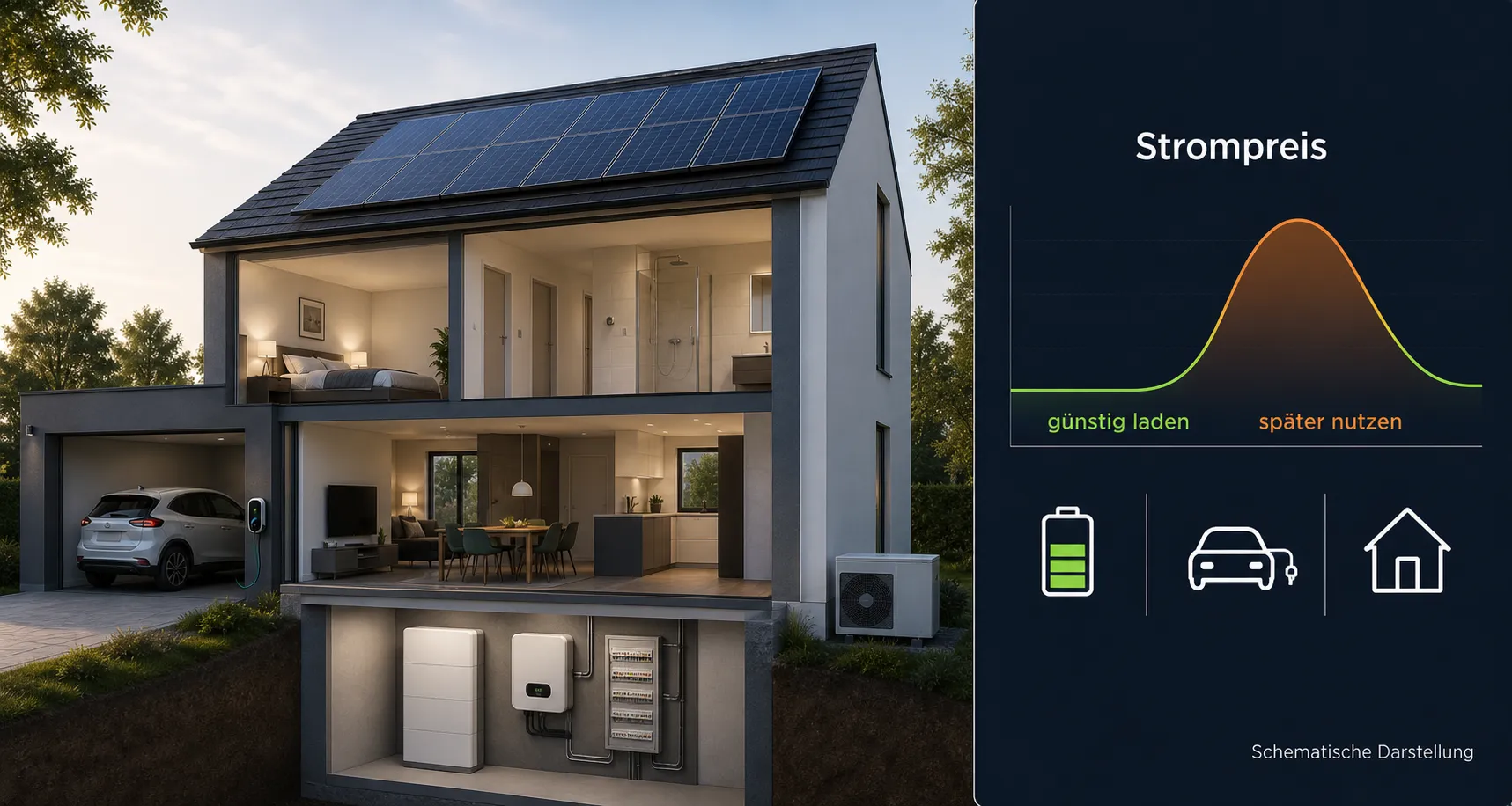 Schnittansicht eines Hauses mit PV, Wallbox, Wärmepumpe und Batteriespeicher im Technikraum; separates Dashboard mit schematischer Strompreiskurve.