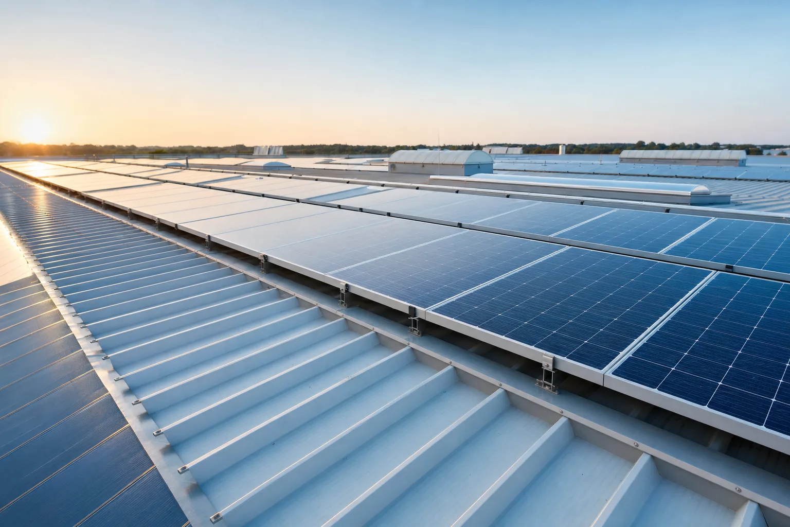 Photovoltaikanlage auf einem Industriedach im Morgenlicht