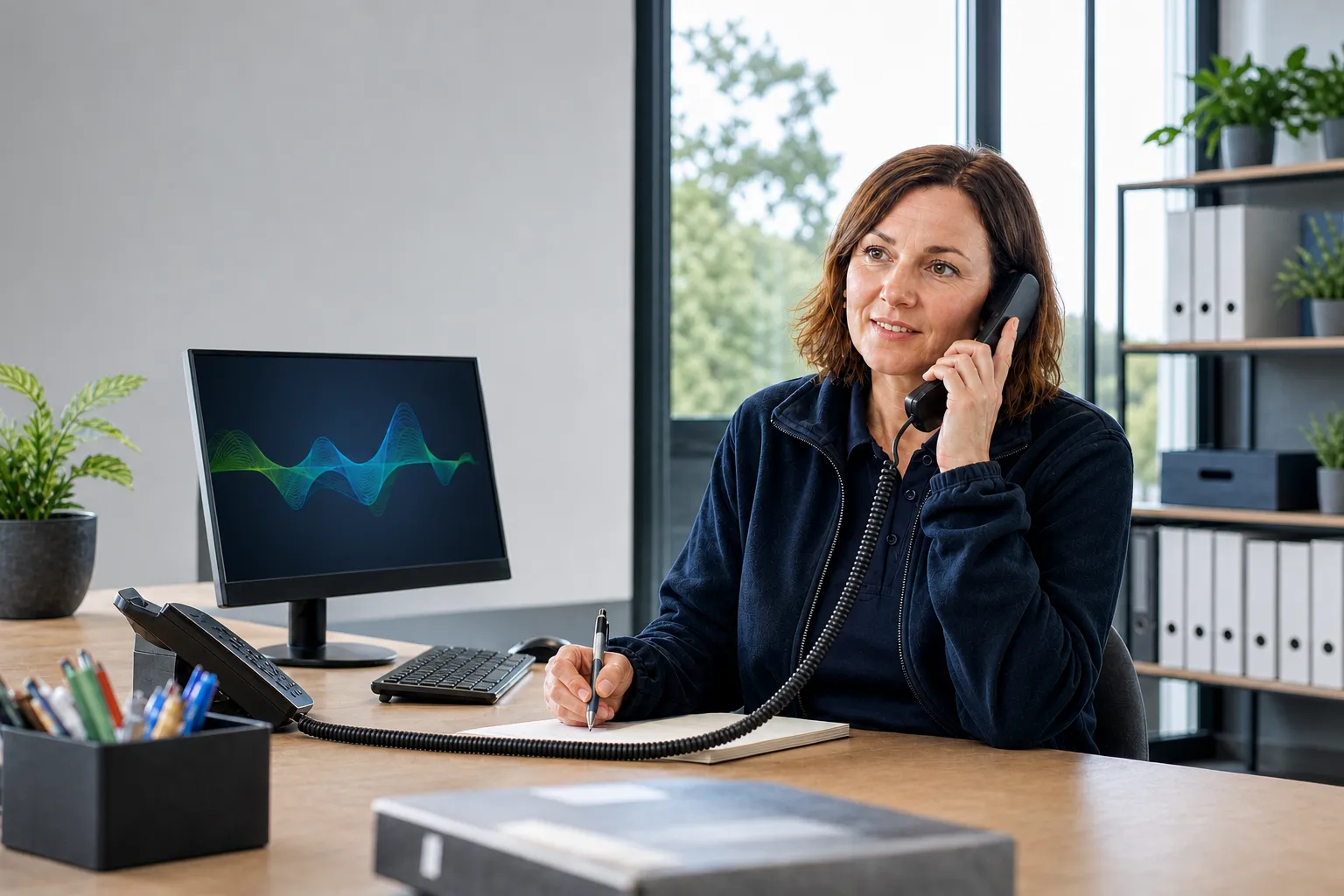 Symbolbild: telefonierende Büromitarbeiterin mit Sprachwellen auf einem Bildschirm als Zeichen für KI-Unterstützung.
