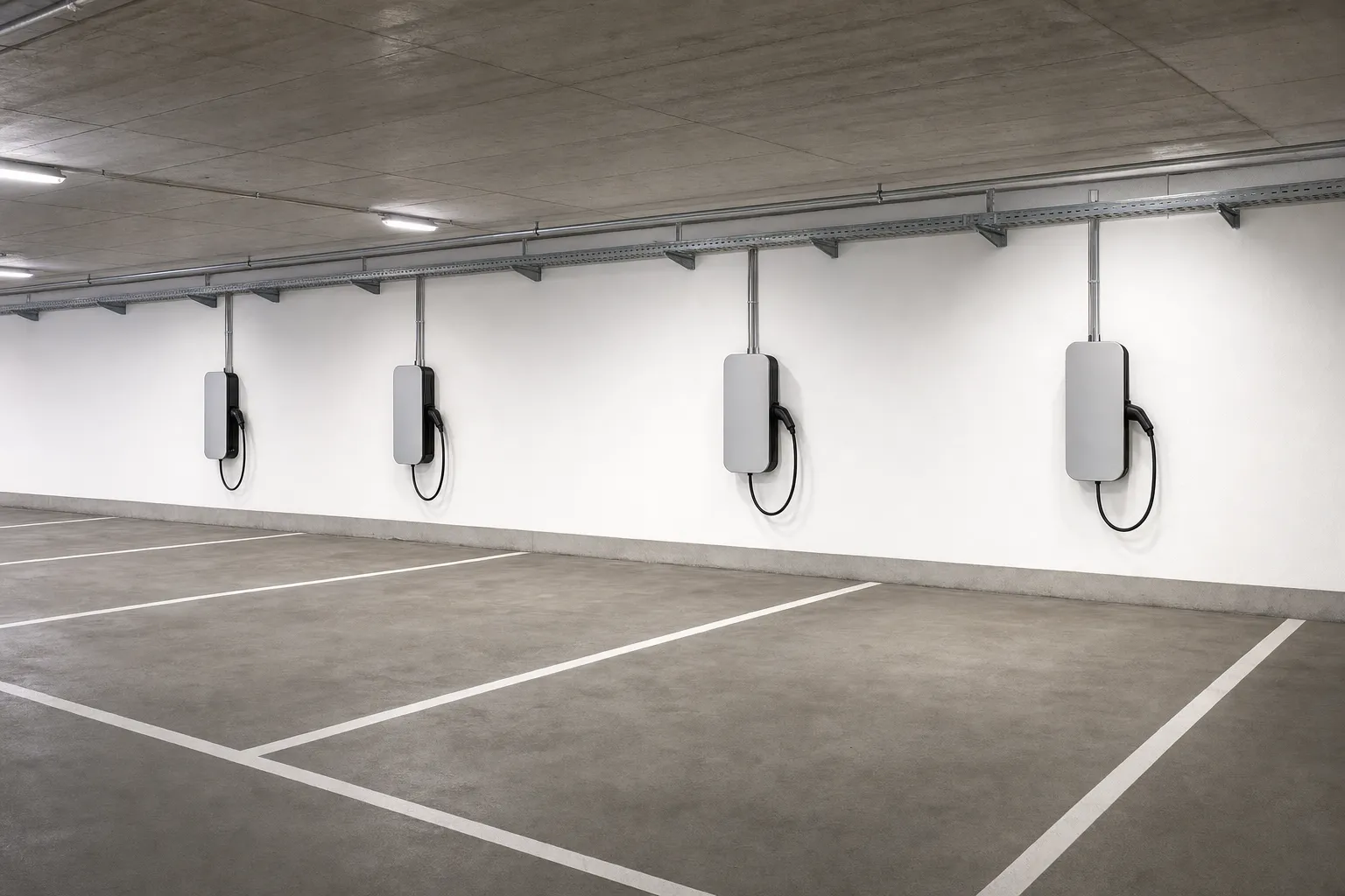 Reihe von Wandladeboxen in einer Tiefgarage, jede mittig über einer weiß markierten Parkbucht