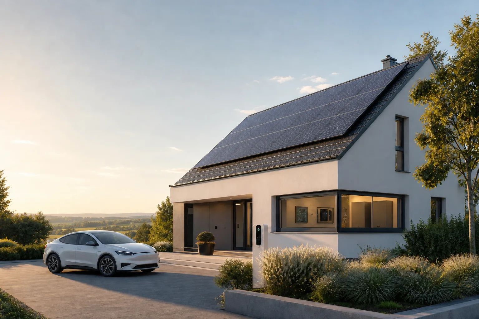 Einfamilienhaus mit Photovoltaik-Dachanlage, Wallbox und Elektroauto in der Abendsonne