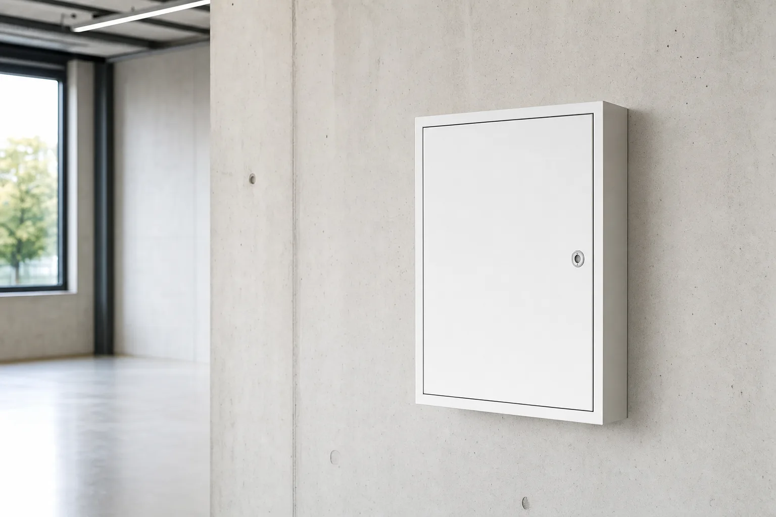 Geschlossener Elektro-Wandverteiler an einer hellen Betonwand in einem ruhigen Technikraum bei Tageslicht