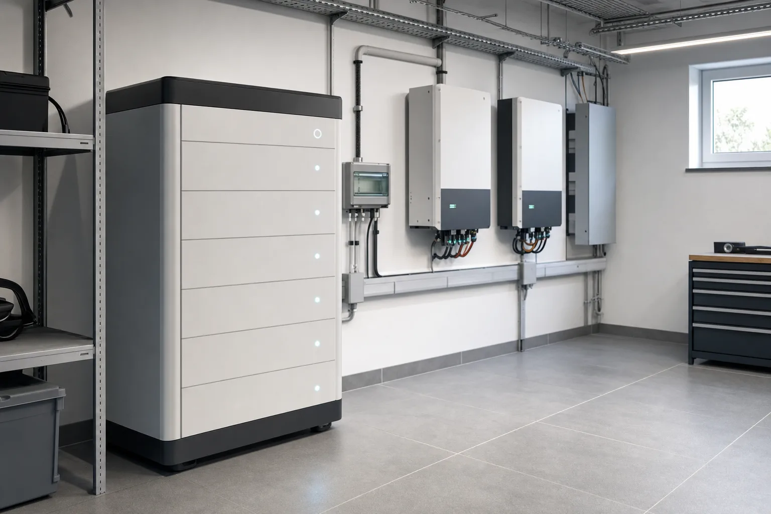 Batteriespeicher-System und Wechselrichter in einem aufgeräumten Technikraum