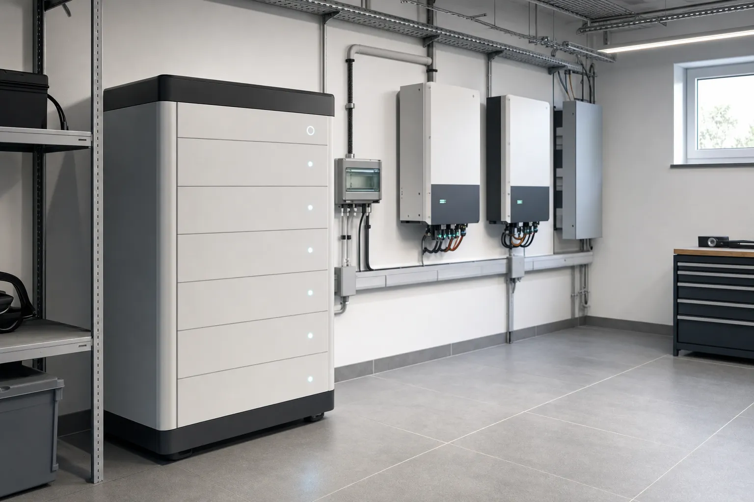 Batteriespeicher-System und Wechselrichter in einem Technikraum