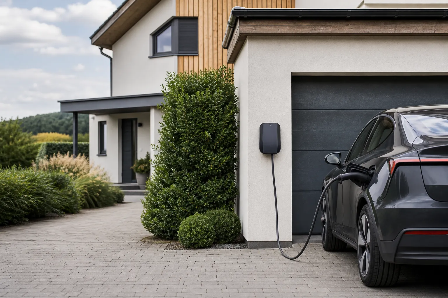Wallbox an der Garage eines Einfamilienhauses mit angeschlossenem Elektroauto