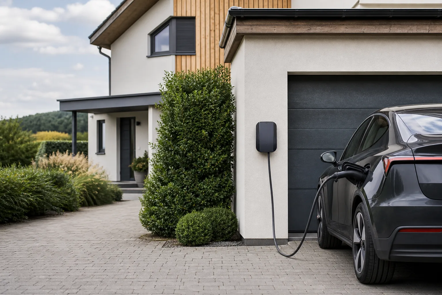 Wallbox an der Garage eines Einfamilienhauses mit angeschlossenem Elektroauto